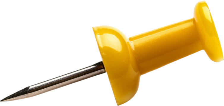 Close up of a single yellow push pin office supply stationery item isolated transparent background