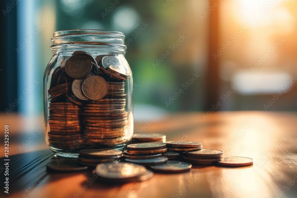 Poster coins stored in a glass jar on a wooden table with warm sunlight in the background during late after