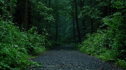 Rainy forest path, dappled light, serene nature scene, perfect for background