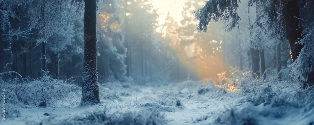 Poster sunbeams filtering through snowy winter forest at dawn