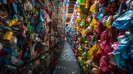 Fototapeta premium A plastic recycling facility where waste plastic is sorted, melted, and remolded into new products. Advanced machinery and eco-friendly processes highlight 