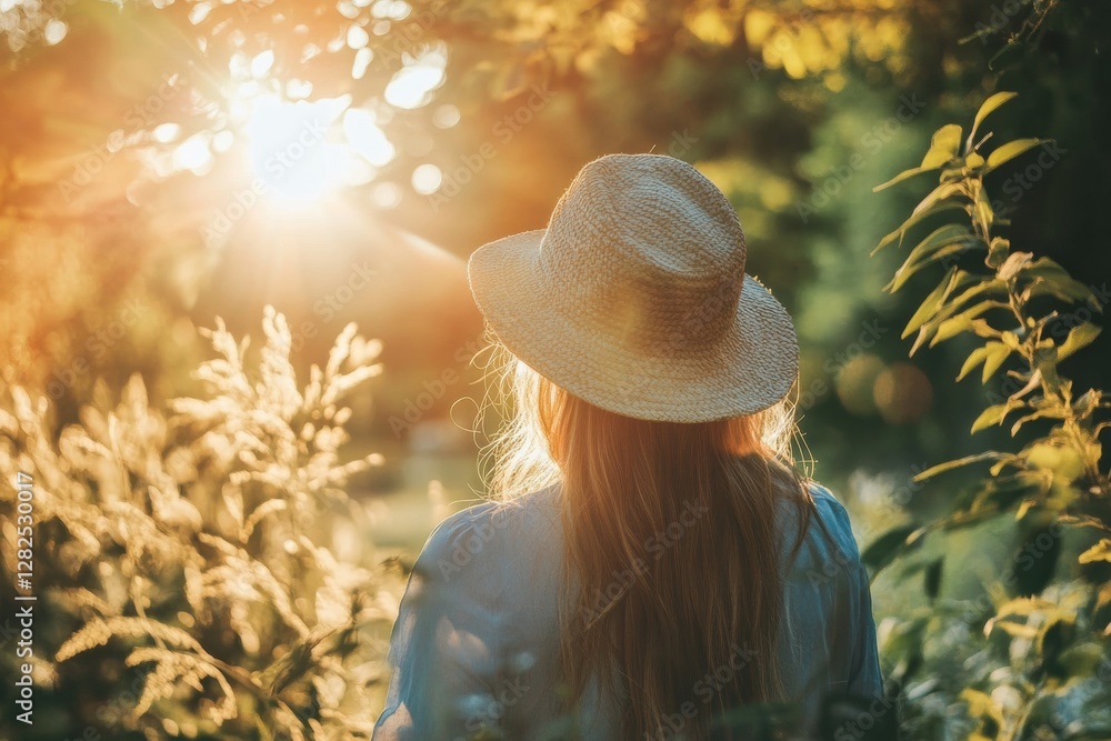 Poster woman enjoying a tranquil moment in nature as sunlight filters through trees in a serene outdoor set