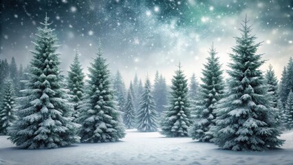 Fototapeta premium Dense frosty evergreen trees stand tall against a grey sky with swirling snowflakes gently falling on the ground
