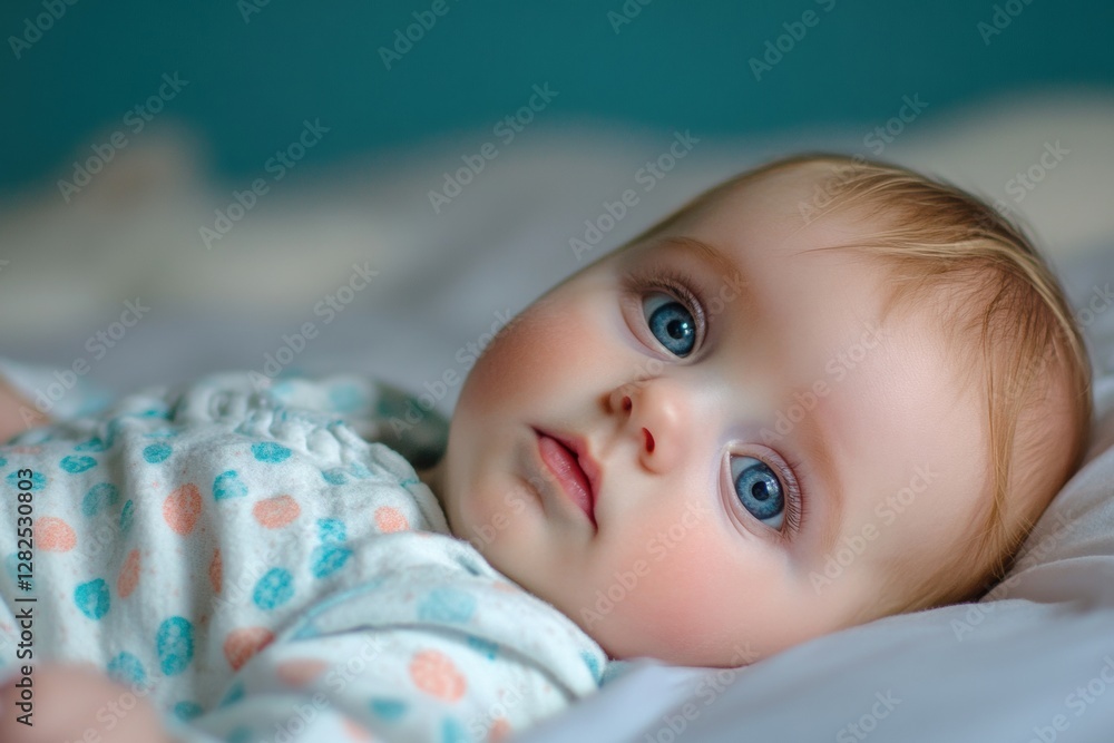 Poster curious baby with blue eyes lies on soft blanket in serene indoor setting during afternoon light. ge