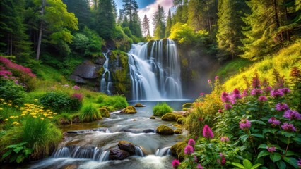 Fototapeta premium Serene majestic waterfall cascading through dense lush green forest surrounded by towering trees and vibrant wildflowers, greenery, forest