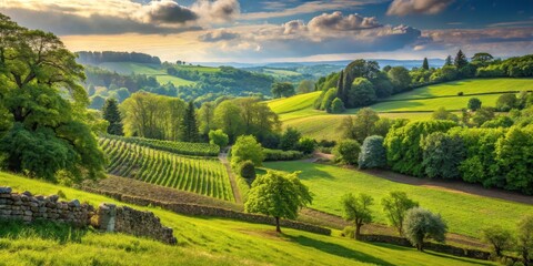 Overgrown vines and stone walls surround a rolling hills landscape with lush green grass and tall trees in the distance, rolling hills, overgrown vines