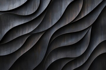 Obraz premium Abstract background of old wood with wavy patterns, texture for design and print. Dark gray and black colors, a beautiful natural wood surface. Stock photo, 2/3 place text 
