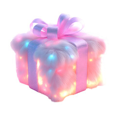Fluffy 3D Cartoon Gift Box with Glowing Ribbons Isolated on Transparent Background