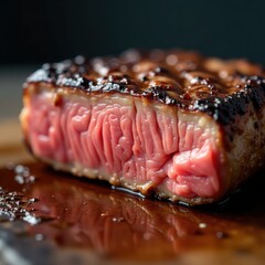 Charred crust, pink interior; well-done steak texture, crispy, close-up, roast