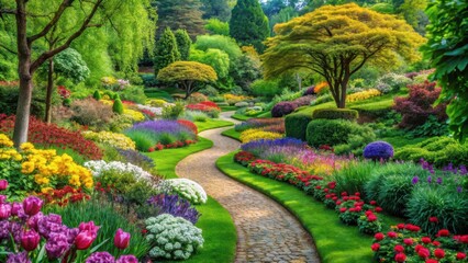 Obraz premium Lush vibrant garden with colorful flowers and winding green pathways through trees, garden, nature scene