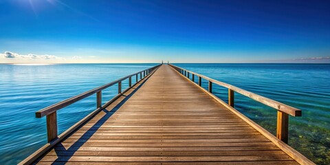 Naklejka premium Wooden pontile stretching out into the ocean with a clear blue sky above, coastal scenery, calm sea