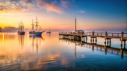 Fototapeta premium A serene dawn mist rising over a historic pier extending into the Chesapeake Bay's calm waters with sailboats and fishing vessels in the background , sailing, nature