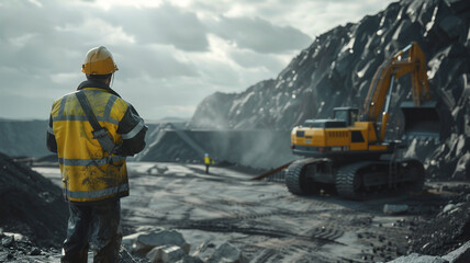 A mining engineer performs a thorough safety check at the extraction site, assessing structural integrity and ensuring machinery is in good working order before continuing with excavation.