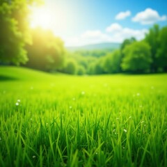 Obraz premium Vibrant green meadow, sunlit grass, idyllic landscape, agriculture, landscape, spring