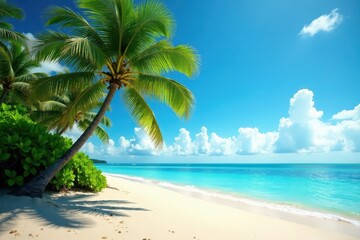 Vibrant coconut palms on a sunny beach, idyllic setting , idyllic, vibrant