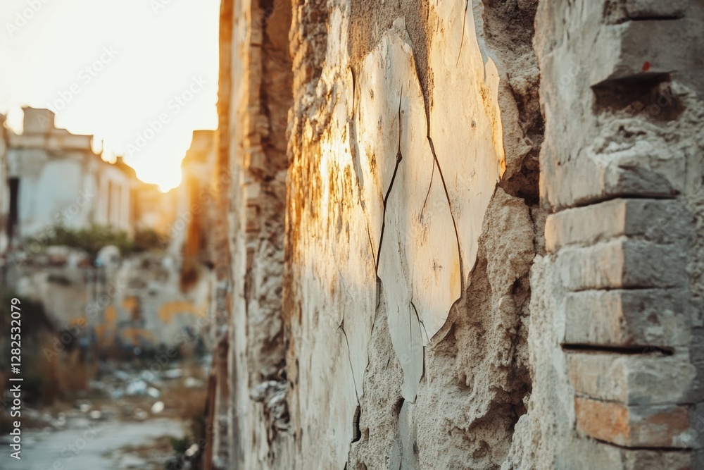 Poster ruined building with cracked walls illuminated by sunset in an abandoned area waiting for restoratio