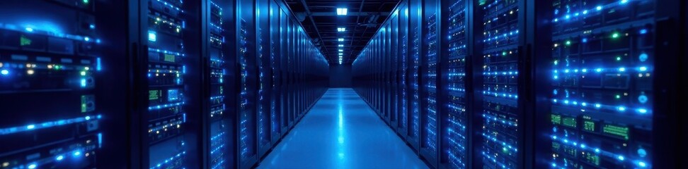 Blue-lit server racks in a dark data center hallway, computer network, data center