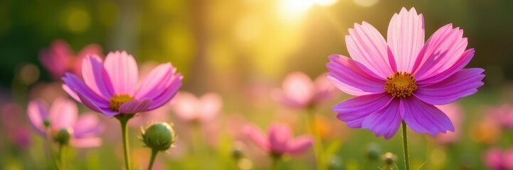Cosmos flowers swaying gently in a sunny garden , flora, macro