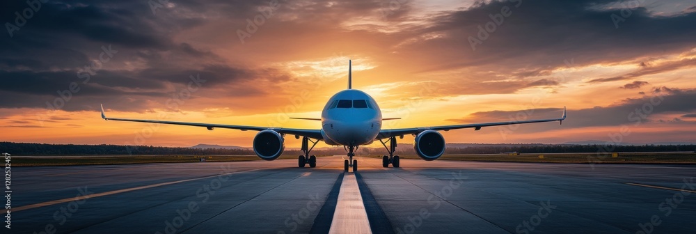 Poster airplane preparing for departure at sunset with dramatic clouds in the sky. generative ai