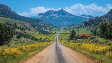 Naklejka premium Scenic Highway View with Mountains and Wildflowers in Landscape