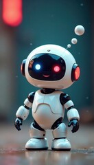 Small, round white robot, happy expression, thought bubbles, bubbles, minimal