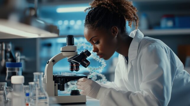A woman in a lab coat is looking through a microscope at a strand of DNA