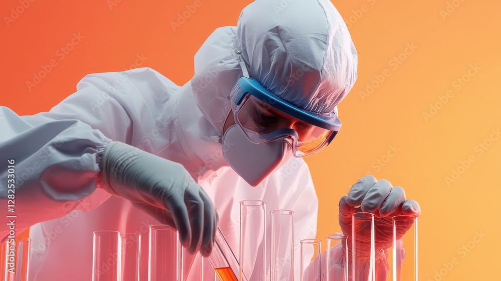 Poster a scientist in a lab coat is wearing a mask