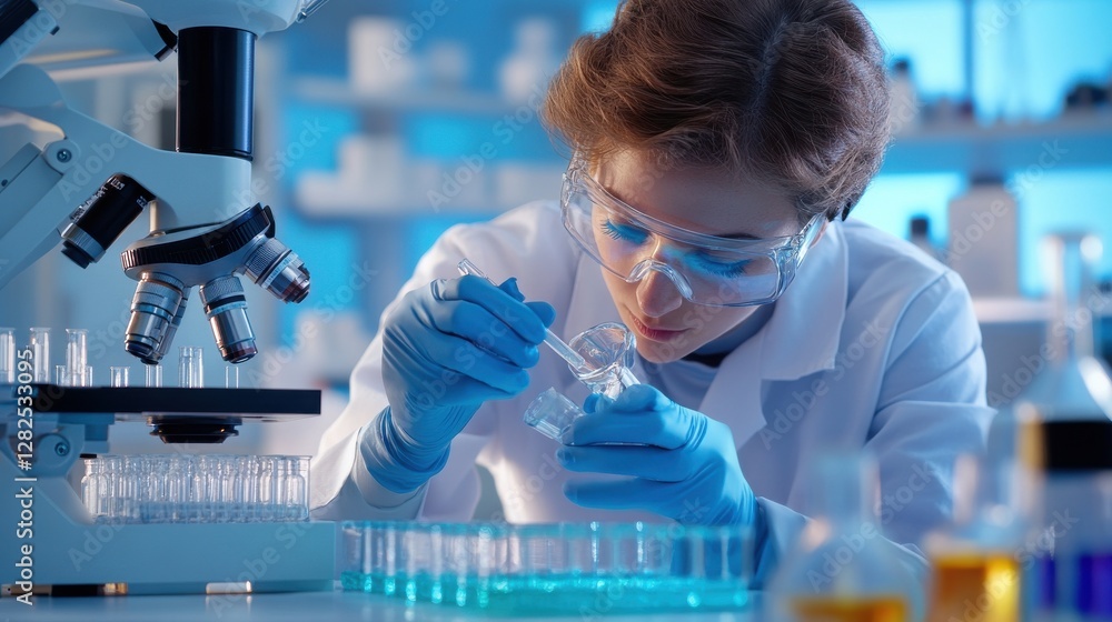 Poster a woman in a lab coat is working with a microscope