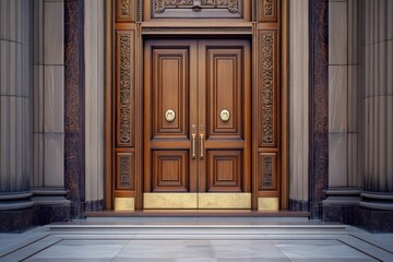 A legislative hall featuring large, intricately carved wooden doors. Featuring grandeur and entry