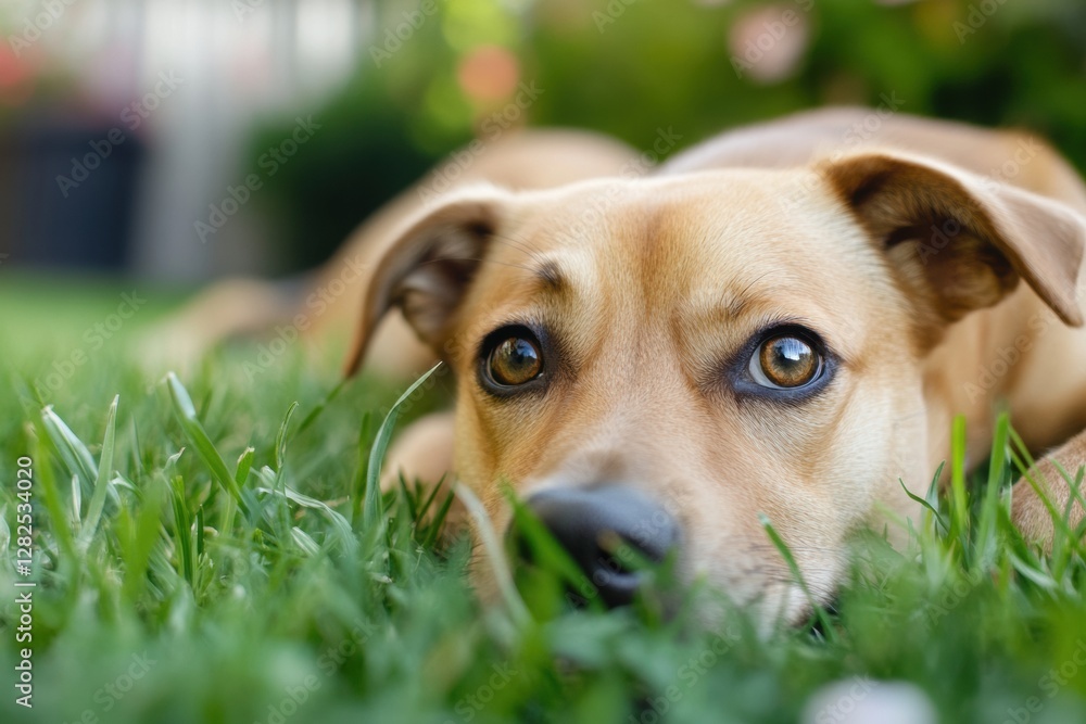 Aufkleber dog resting on green grass looking curiously at the camera in a sunny garden setting. generative ai