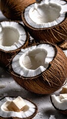 Close-up of soft textured coconut. Mobile size. Generative AI.