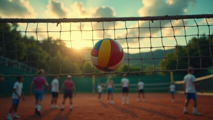Volleyball net and volleyball on a sunny outdoor court with players in action, showcasing a lively sports environment.