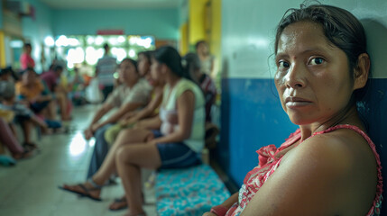 A Panamanian mother holds her feverish child in a packed clinic, where long queues and insufficient medical supplies expose the deep struggles within rural healthcare systems.