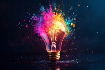 An explosion of colorful energy erupting from an incandescent light bulb, symbolizing the moment when creative ideas come to life in your head. Isolated on a black background with margins,