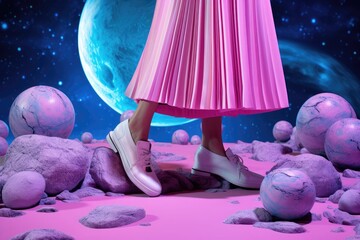 Woman in pink pleated dress and white shoes on surreal moonscape background with blue planet and pink rocks. Dreamy cosmic scene for fashion concept