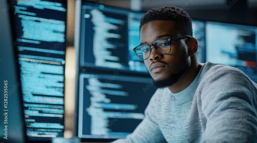 Aufkleber A man wearing glasses is looking at a computer screen with multiple monitors