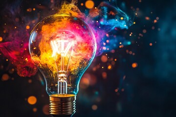 An explosion of colorful energy erupting from an incandescent light bulb, symbolizing the moment when creative ideas come to life in your head. Isolated on a black background with margins,