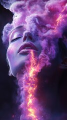Dramatic close-up of a person's face surrounded by vibrant pink and purple smoke with fiery orange hues