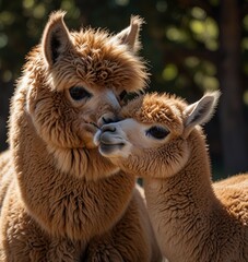 Obraz premium A tender moment between a mother and her baby alpaca, showcasing warmth and affection in a soft, natural light. Ai generate