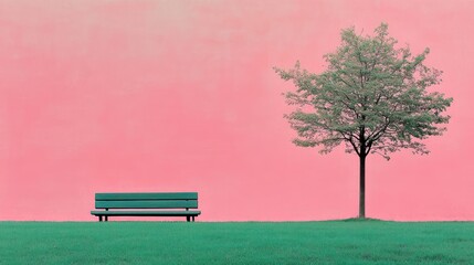 Obraz premium Park bench, tree, pink sky, serenity, meditation