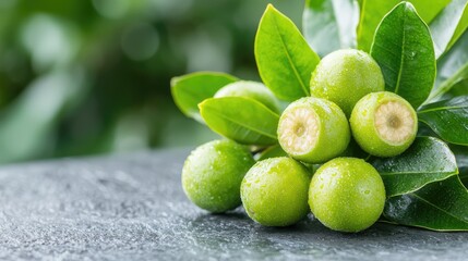 Obraz premium Fresh green fruits on leaves, close-up shot. Background blurred greenery. For food, health websites