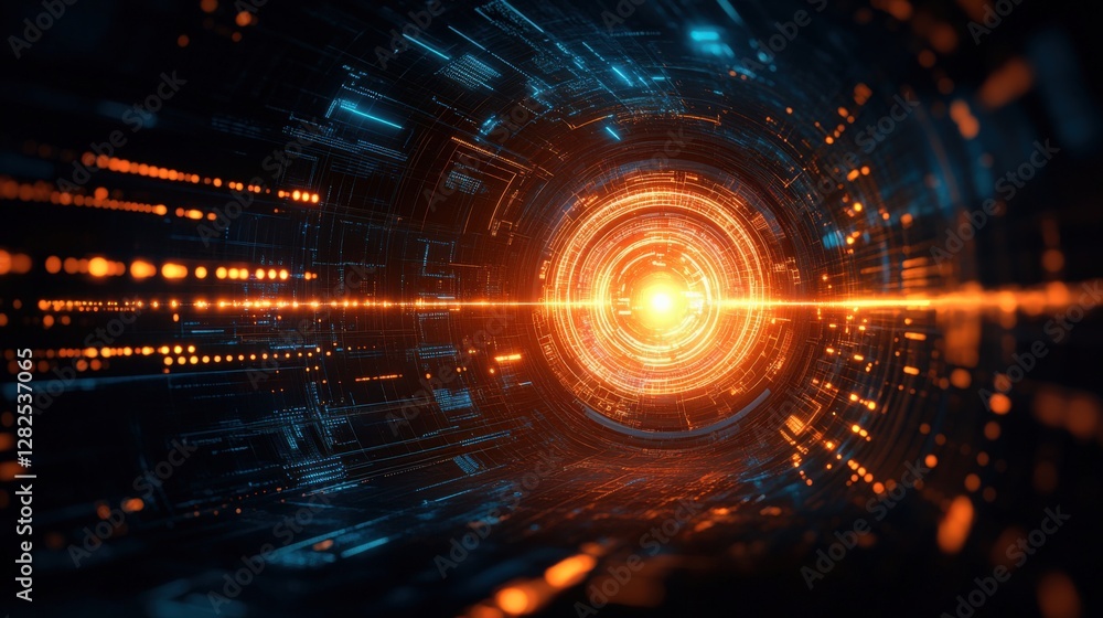 Poster a futuristic abstract digital tunnel featuring a glowing orange core surrounded by lines of blue lig
