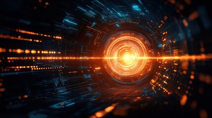 Fototapeta premium A Futuristic Abstract Digital Tunnel Featuring a Glowing Orange Core Surrounded by Lines of Blue Light and Dynamic Particles Simulating Motion and Energy Flow