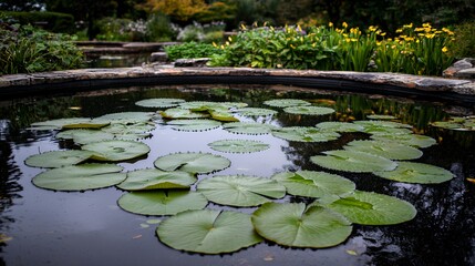 Lily Pads Floating on Dark Water in a Round Garden Pond