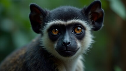Obraz premium A close-up of a wolf's mona monkey with blurred facial features, highlighting its ears and fur.