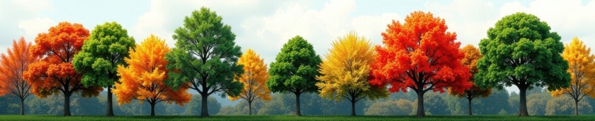 Group of diverse trees, various heights, vibrant foliage , botanical, nature, summer