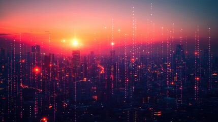 Fototapeta premium Stunning Aerial View of a Futuristic Urban Skyline at Sunset with Colorful Light Displays and Data Streams Over an Expansive Cityscape