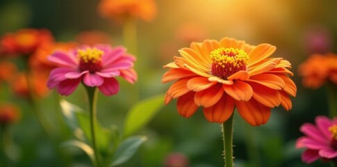 Sun-kissed zinnias, orange and pink hues, thriving in a summer garden , petals, flora, outdoor