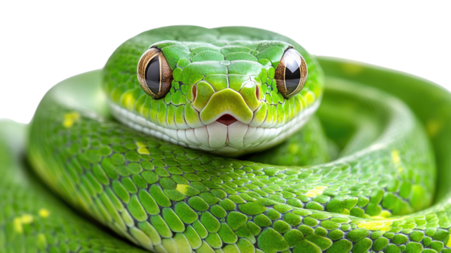 Emerald Embrace: A captivating close-up of a vibrant green snake coiled, its mesmerizing eyes and intricate scales showcase the exotic beauty and mystery of the reptile world.