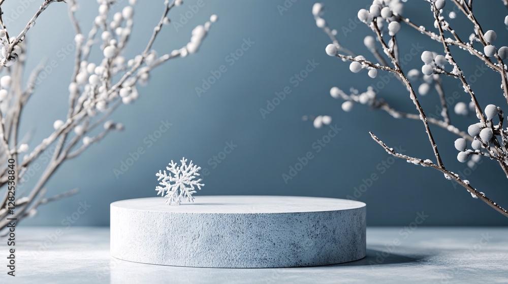 Aufkleber Snowflake standing on empty podium between snowy branches displaying winter concept